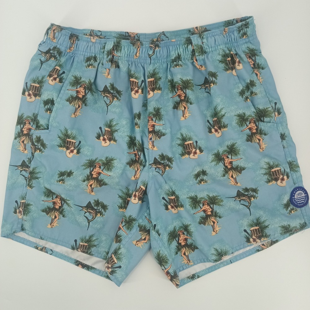AFTCO Mens Blue Hawaiian Hula Girl Marlin Print Swim Trunks Shorts Size M